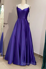Long Royal Blue V Neck Evening Prom Dress Spaghetti Strap