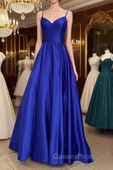 Long Royal Blue V Neck Evening Prom Dress Spaghetti Strap