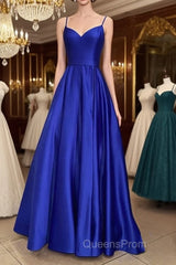 Long Royal Blue V Neck Evening Prom Dress Spaghetti Strap