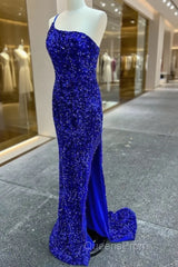 Long Sequin Evening Prom Dress Royal Blue Formal Dress One-Shoulder