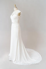 Long Sheath Illusion Lace Wedding Dress with Cap Sleeve
