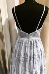 Long Silver Tulle Bridesmaid Dress Lace Appliques