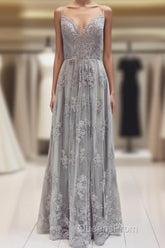 Long Silver Tulle Bridesmaid Dress Lace Appliques