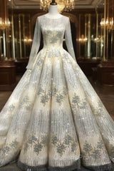 Long Sleeve Luxury Diamond Sparkly Wedding Dress Evening Prom Dress