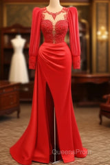 Long Sleeve Mermaid Applqiue Dress With Slit