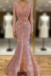 Long Sleeve Pink Mermaid Sequin Evening Prom Dress