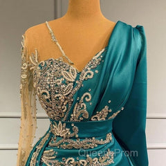 Long Sleeve Sheer Beading Ruched Satin Green Trumpet Mermaid Evening Prom Dress
