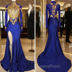 Long Sleeves Blue Gold Evening Prom Dress Side Slit Evening Gowns