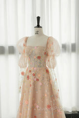 Long Sleeves Champagne Lace Floral Long Evening Prom Dress, Long Sleeves Champagne Lace Floral Formal Evening Dress