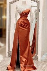 Long Sleeves Evening Prom Dress Mermaid Satin Split