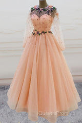 Long Sleeves Evening Prom Dress Princess Tulle Beaded