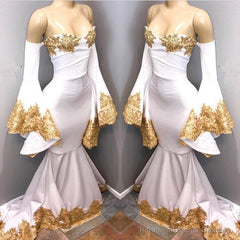 Long Sleeves Prom Party Gowns with gold appliques, mermaid evening dress