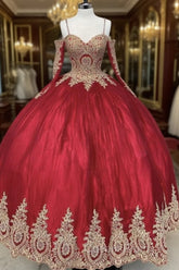 Long Sleeves Quinceanera Dress Gold Lace Appliques Off Shoulder