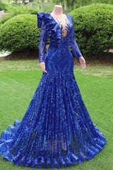 Long Sleeves Royal Blue Prom Dresses Sequin Mermaid Long Formal Dresses