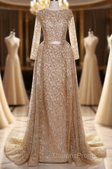 Long Sleeves Sequin Gold Mermaid Evening Prom Dress
