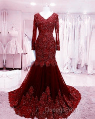 Long Sleeves V-neck Lace Evening Prom Mermaid Dress,Women Evening Dress