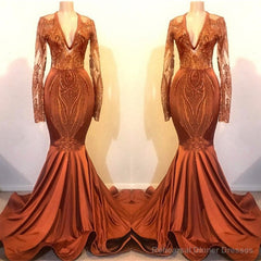 Long Sleeves V-neck Mermaid Prom Dress Sequins Gold Long Chiffon Lace