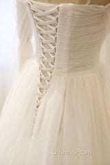 Long Sleeves White Tulle Evening Prom Wedding Dress, Long Sleeves White Tulle Formal Evening Dress