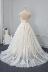 Long Sweetheart Backless Appliques Lace Tulle A-Line Wedding Dress