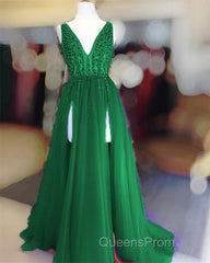 Long Tulle V-neck Evening Prom Dress Sequin Beaded Evening Gowns