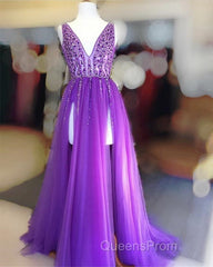 Long Tulle V-neck Evening Prom Dress Sequin Beaded Evening Gowns