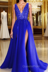 Long Tulle V-neck Evening Prom Dress Sequin Beaded Evening Gowns