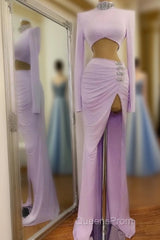 Long Two Piece Mermaid High Neck Split Evening Prom Dress with Sleeves