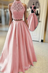 Long Two Piece Evening Prom Dress Lace High Neck Open Back