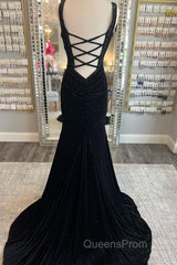 Long Velvet Black Evening Prom Dress Straps Crystals V Neck Formal Dress Gowns