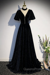 Long Velvet V-Neckline Floor Length Evening Prom Dress, Black Evening Wedding Party Dress