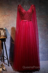 Love Pearl Beaded V Neck Long Burgundy Evening Dress