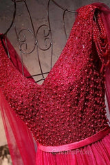 Love Pearl Beaded V Neck Long Burgundy Evening Dress