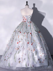 Lovely Strapless Floral Tulle Long Prom Dress, Gray A-Line Evening Party Dress