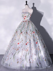 Lovely Strapless Floral Tulle Long Prom Dress, Gray A-Line Evening Party Dress