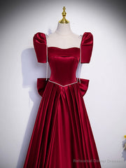 Beautiful Satin Floor Length Prom Dress with Bowknot, Burgundy Short Sleeve Evening Dress