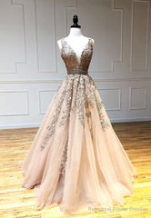 Plunging V-Neck Tulle Long Prom Dresses, Lace Formal Dresses
