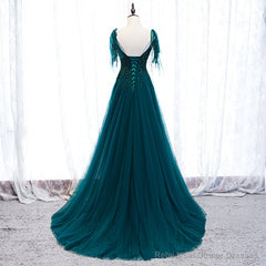 Lovely A-line Straps Tulle Teal Blue Long Evening Dress Prom Dress, A-line Formal Dresses