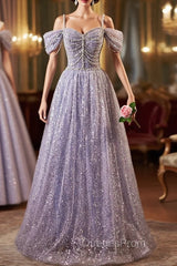 Lovely A-Line Tulle Sequins Floor Length Evening Prom Dress, Off The Shoulder Evening Party Dress