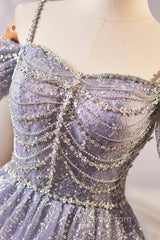 Lovely A-Line Tulle Sequins Knee Length Evening Prom Dress, Off The Shoulder Evening Party Dress