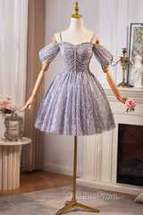 Lovely A-Line Tulle Sequins Knee Length Evening Prom Dress, Off The Shoulder Evening Party Dress