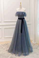 Lovely Blue A-Line Shiny Tulle Sweetheart Party Dress, Blue Long Formal Dress Evening Prom Dress