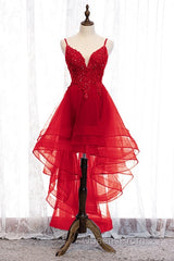 Lovely Blue High Low V-Neckline Straps Party Dress, New Straps Evening Prom Dress