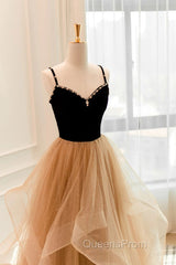 Lovely Champagne A-Line Beaded Strap Party Dress, Tulle Layers Long Evening Prom Dress