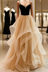 Lovely Champagne A-Line Beaded Strap Party Dress, Tulle Layers Long Evening Prom Dress
