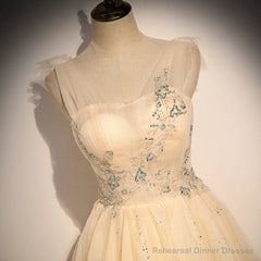 Lovely Champagne Sequins Long Party Dress, A-line Tulle Formal Dress