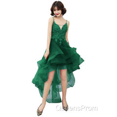 Lovely Dark Green High Low Chic Party Dress Evening Prom Dress, V-Neckline Straps Homecoming Dress