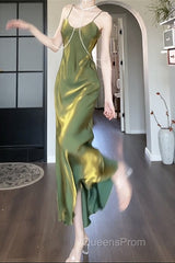 Lovely Green Straps Long Formal Dress, Green Satin Party Dress Evening Dress