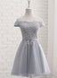 Lovely Grey Short Tulle Party Dress with Lace Applique, Bridesmaid Dresses Cute Formal Dress