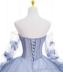 Lovely Light Blue Tulle Long Sleeves Sweet 16 Dress, Light Blue Flowers Formal Dress.