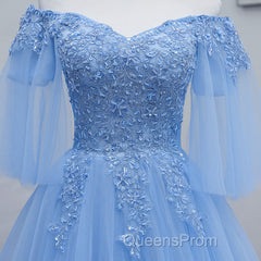 Lovely Light Blue With Lace Off Shoulder Short Evening Prom Dress, Blue Homecoming Dress